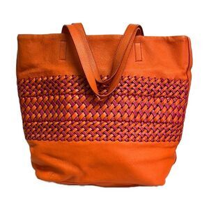 DKNY Vintage Peddled Leather Stripe Woven Orange & Pink Tote with Dust Bag